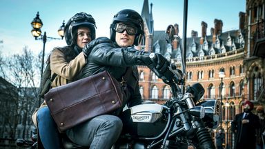 Hannah John-Kamen (on the back of the bike) is part of the film's stellar cast. Pic: Red Notice Limited 2019
